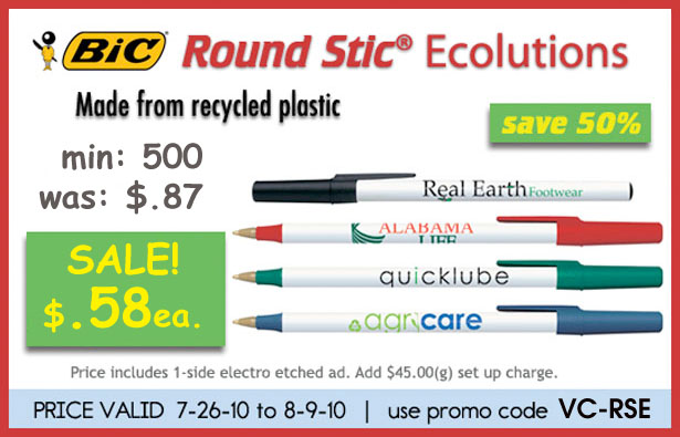 Half OFF Bic Stic Pens Only $.58 each, Min. Qty.: 500 pcs.